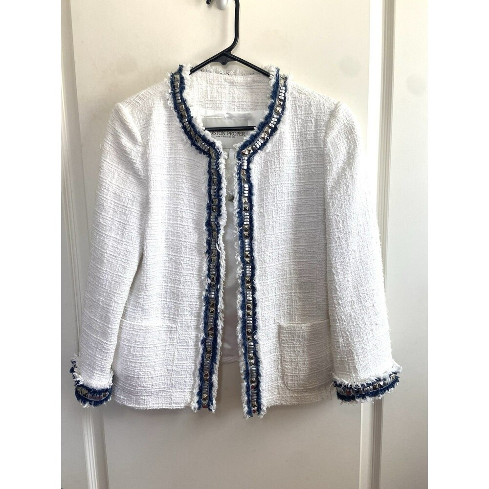 NEW Boston Proper Tweed Blazer Jacket Fringed Embellished White Blue Size 10 - Picture 2 of 12